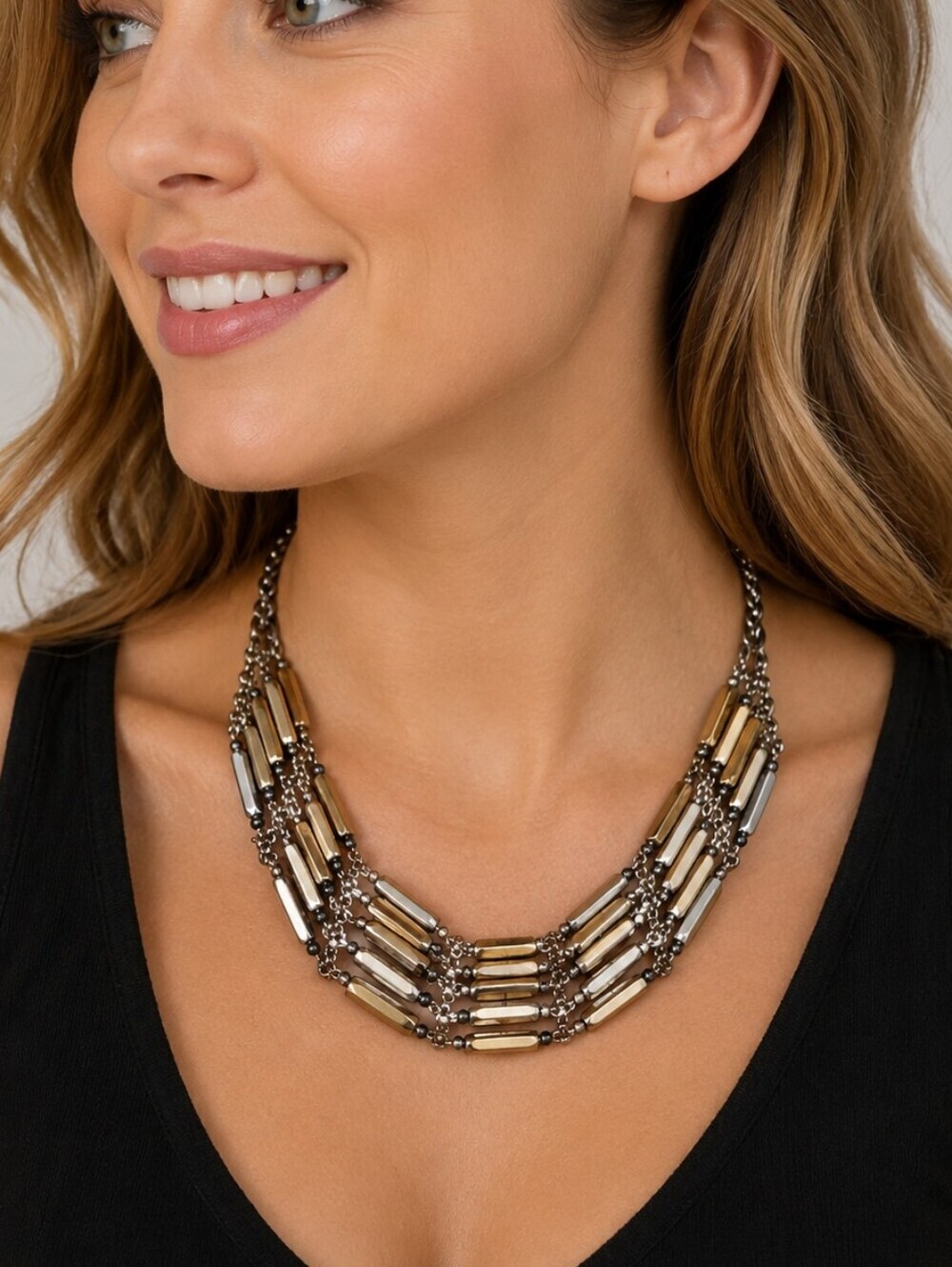 SIMPLY VERA Industrial Two-tone Metal Beaded Bib Necklace